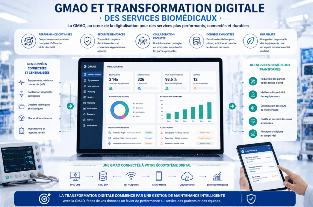 Technologie GMAO connectée avec IoT et systèmes hospitaliers pour digitaliser la maintenance des équipements médicaux.