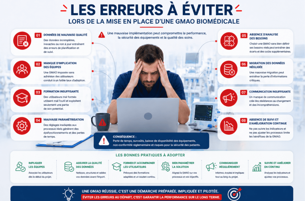 Illustration des erreurs en GMAO comme mauvaise saisie des données, absence de formation et mauvaise organisation des interventions.