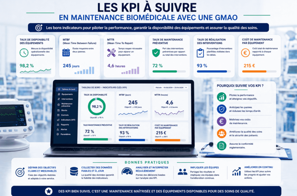 Tableau de bord GMAO affichant des KPI comme taux de disponibilité, MTTR, MTBF et suivi des interventions.