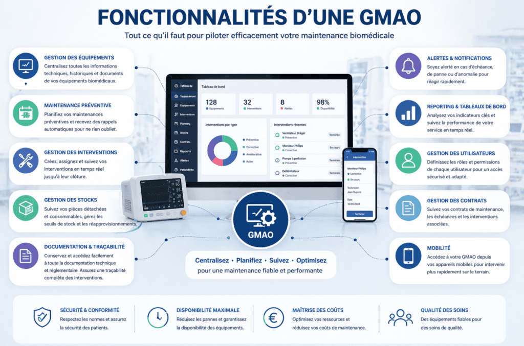 Interface logicielle GMAO présentant gestion des équipements, maintenance préventive, suivi des interventions, alertes et reporting.