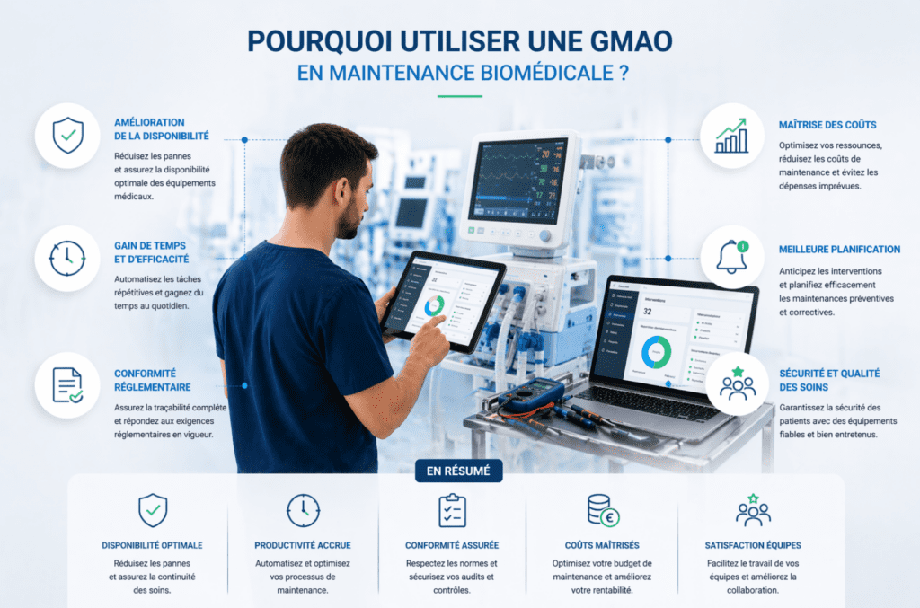 Technicien biomédical utilisant une GMAO sur tablette et ordinateur pour optimiser la maintenance des équipements médicaux avec planification, suivi des interventions et analyse des performances.