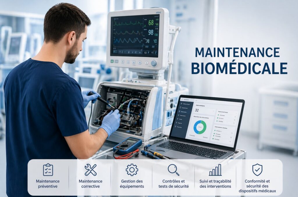 Technicien biomédical réalisant la maintenance préventive et corrective d’un équipement médical avec suivi des interventions sur ordinateur portable