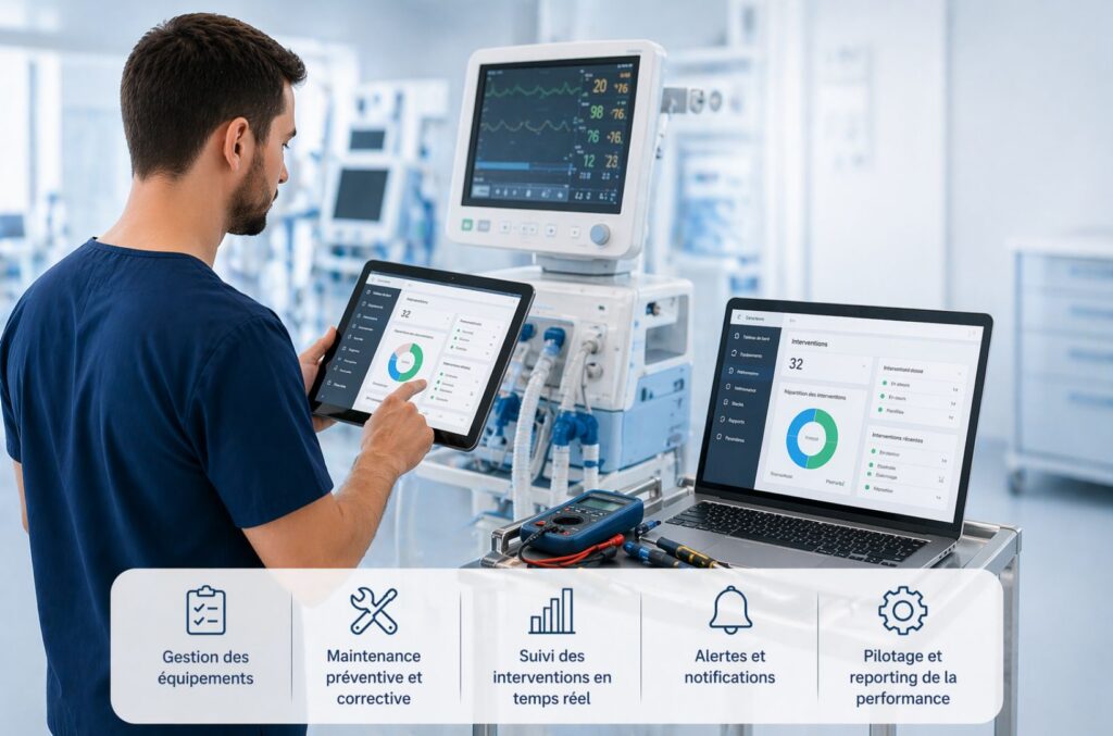technicien utilisant une tablette et un ordinateur pour gérer la maintenance des équipements médicaux via un logiciel de GMAO dans un environnement hospitalier.