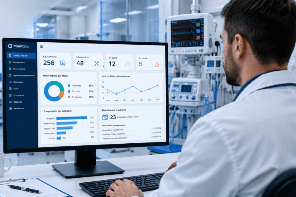 Professionnel biomedical travaillant sur un ordinateur