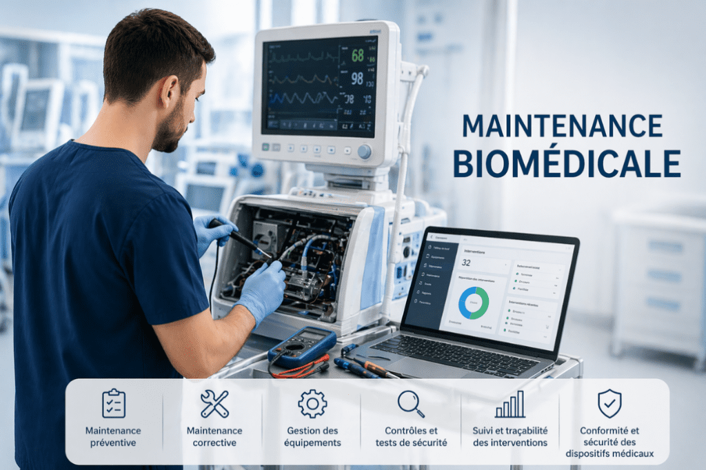 Technicien biomédical en  action. Il travail sur équipement médical en panne.