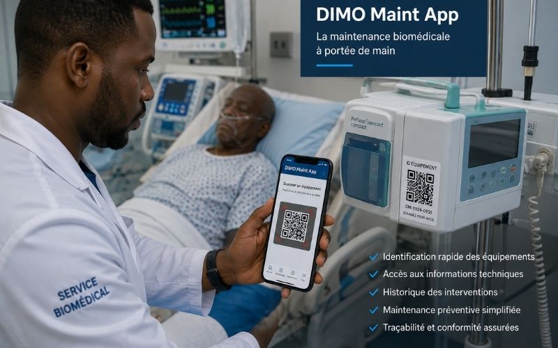 Utilisation de la GMAO mobile DIMO Maint pour le suivi de la maintenance biomédicale.